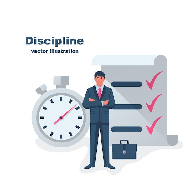 Vector self discipline concept. all deal and tasks are completed. vector illustration flat design. isolated on white background. control management character. modern man controlling himself.