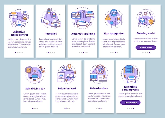 Self-driving car onboarding mobile app page screen set with linear concepts. Driverless car features, industry walkthrough steps graphic instructions. UX, UI, GUI vector template with illustrations