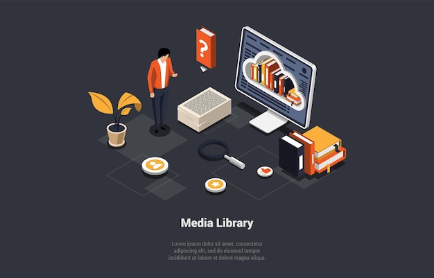 Self Education And Media Library Character Near Huge Computer Searching Books Modern Digital Library With Male Character Monitor Screen And Book Stacks Isometric 3d Cartoon Vector Illustration