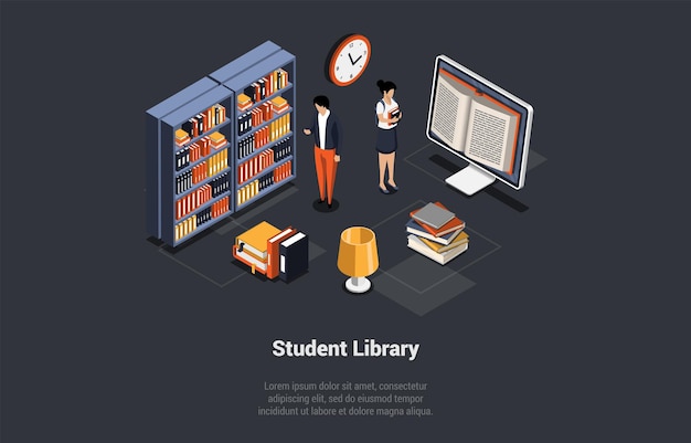 Self Education And Online Library Male And Female Students At Online Library Choosing Books Digital Library Interior With Characters Computer And Stack Of Books Isometric 3d Vector Illustration
