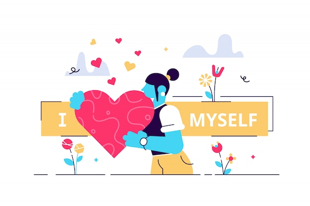 Vector self esteem illustration. flat tiny personal confidence persons concept. psychological mindset and life attitude as pride, appreciation and acceptance feeling. mental and moral self respect.