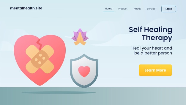 self healing therapy concept landing page modern cartoon flat blue color style isolated background