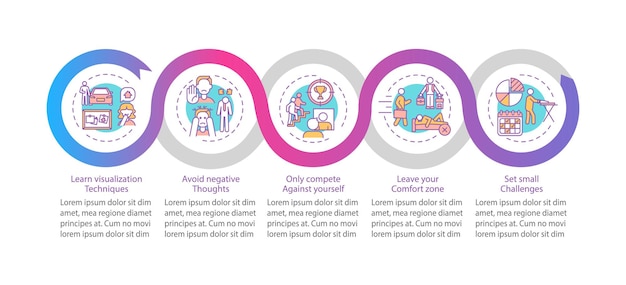 자기 개선 전략 벡터 Infographic 템플릿입니다. 성공 프레젠테이션 디자인 요소입니다. 5단계로 데이터 시각화. 프로세스 타임라인 차트. 선형 아이콘이 있는 워크플로 레이아웃