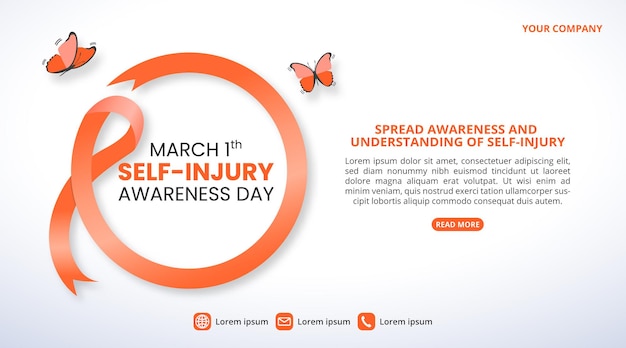 Vector self injury awareness day background with an orange ribbon and butterflies