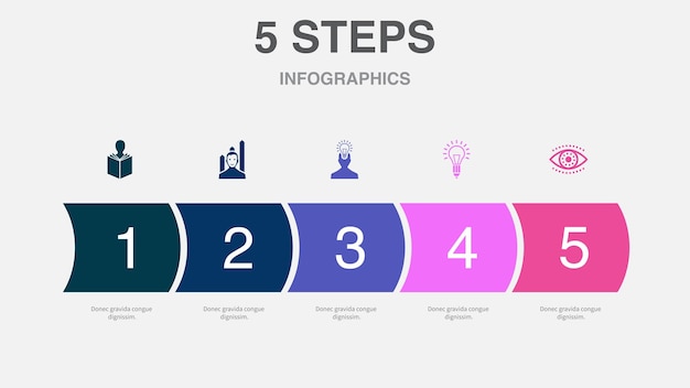 Vettore autoapprendimento crescita personale ispirazione creatività visione icone modello di progettazione infografica concetto creativo con 5 passaggi