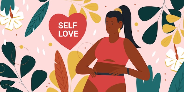 Vector self love body positive movement concept with cute happy fat woman in bikini standing