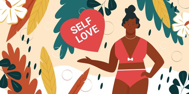 Vector self love body positive movement concept with cute happy fat woman in bikini standing