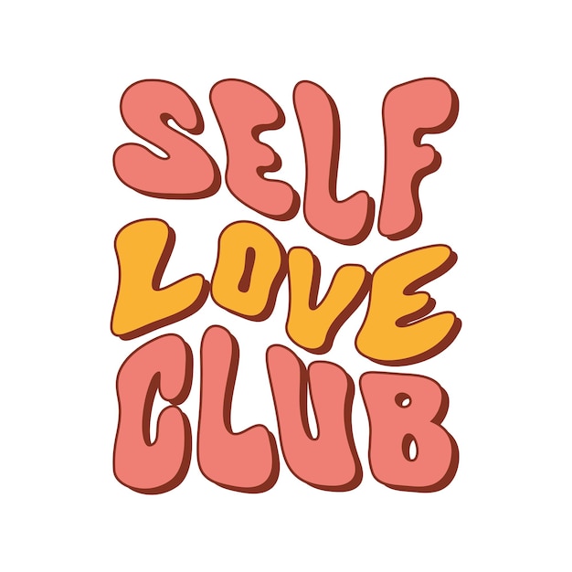 Self love club волнистый текст в стиле ретро 70-х, 80-х годов, выделенный на белом фоне