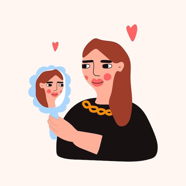 자기 사랑 개념 손 거울을 들고 자신을 보고 소녀 벡터 손으로 그린 그림