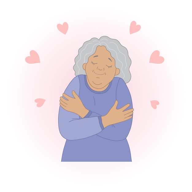 Self love concept happy elderly woman hugging herself illustration in a flat style