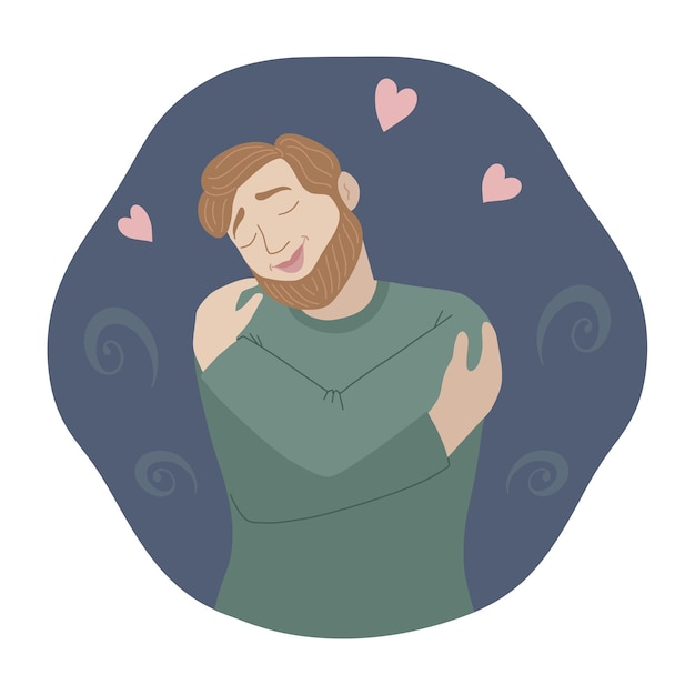 Vector self love concept happy man hugging herself illustration in a flat style