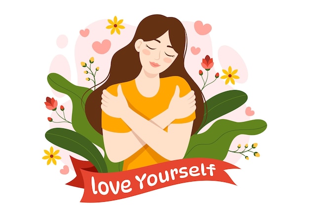 Self Love Vector Illustration met vrouwen Liefde voor jezelf en harten op een platte cartoon achtergrond