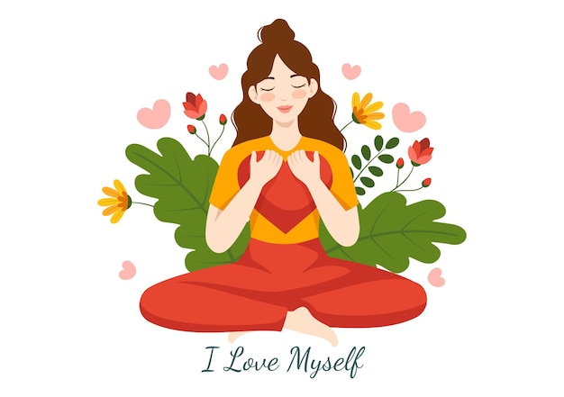 여성과 함께 자기 사랑 터 일러스트레이션 평평한 만화 배경에서 자신과 마음을 사랑하십시오.