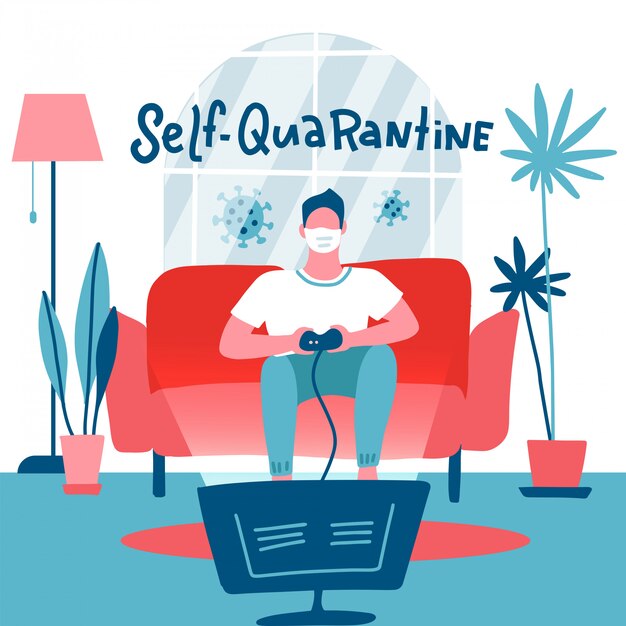 Self-quarantine concept. man in medical mask playing video game console at home. guy sits on sofa, holds game controller and watches tv. room interior. flat illustration