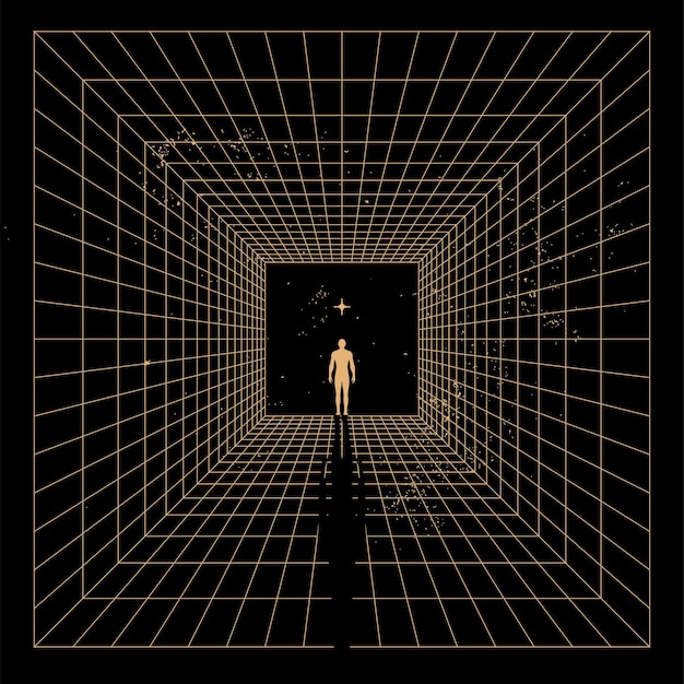 Self searching mental psychologic concept with abstract human silhouette walking through the retro digital grid tunnel in search of the unknown vector eps 10 illustration