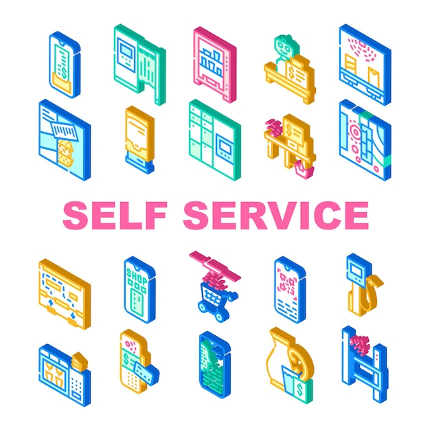Vector self service buying collection icons set vector self service robot cashier and photo kiosk digital check and terminal for payment isometric sign color illustrations