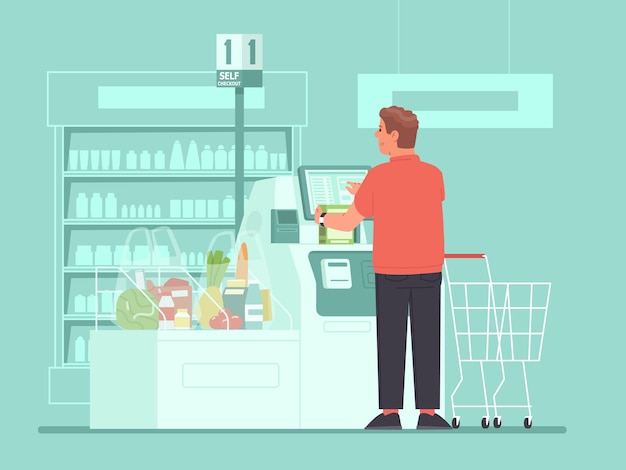 Кассир самообслуживания в супермаркете. Покупатель мужчина набирает продукты в кассах самообслуживания в продуктовом магазине. Векторная иллюстрация в плоском стиле