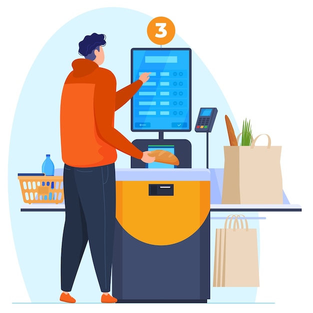 Vettore checkout self-service. l'uomo prende a pugni la merce alla cassa self-service. pagamento con carta al supermercato. illustrazione vettoriale