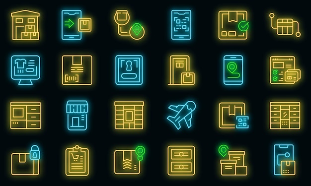 Self-service parcel delivery icons set vector neon