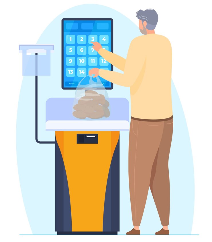 Vector self-service scales in a supermarket, a person weighs potatoes on scales in a supermarket. vector illustration