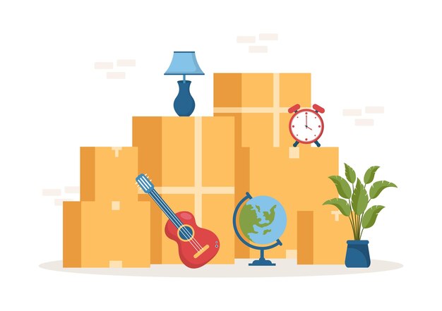 Vector self storage of cardboard boxes filled with unused items in warehouse or garage in illustration