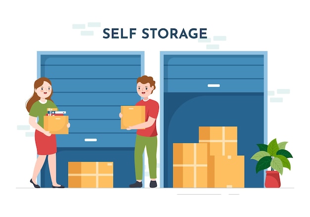 Self Storage of Cardboard Boxes Filled with Unused Items in Warehouse or Garage in Illustration