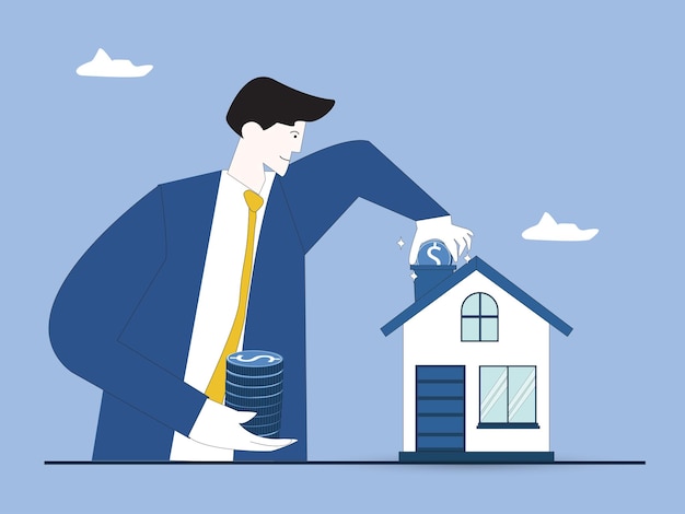 selfbuild house construction loan mortgage for building concept man holding a stack of coins putting one coin into house roof building construction costs covered by bank investment in building