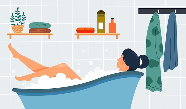 Концепция ухода за собой и расслабления девушка принимает горячую ванну с пузырьками и лекарственной солью физической и.