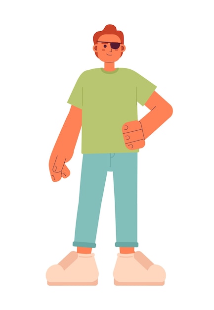 Selfconfident caucasian man with blindfold semi flat color vector character Editable full body young man with disability on white Simple cartoon spot illustration for web graphic design