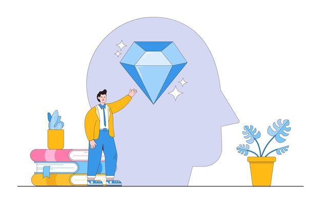 Selfdiscovery finding yourself searching for self value success dream meaning of life exploration inner or inside concepts happy businessman succeed finding valuable diamond inside his head