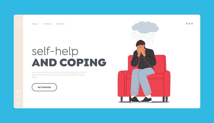 Vector selfhelp 및 coping landing page template 슬프고 절망적인 남성 캐릭터는 좌절된 불안한 청년을 느낍니다.