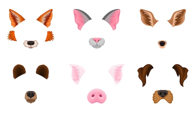 Vector selfie animal faces effects vector illustrated set assets for entertainment carnival humorous neb parts