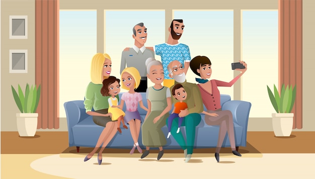 Selfie foto van big happy family cartoon vector