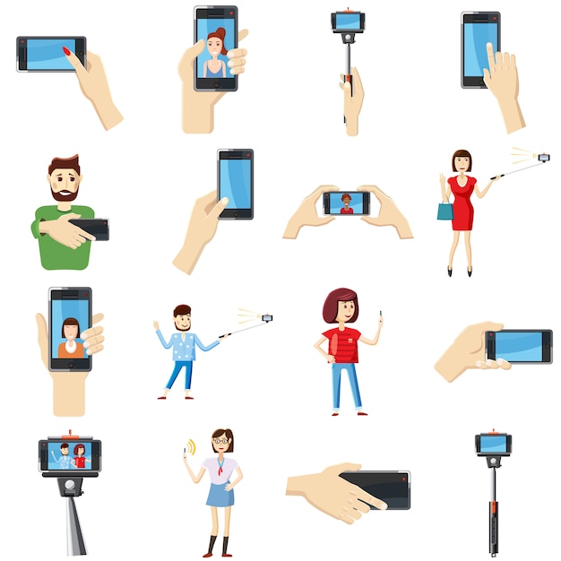 Selfie icons set, cartoon style