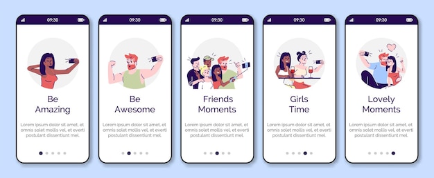 Selfie onboarding mobiele app scherm vector sjabloon