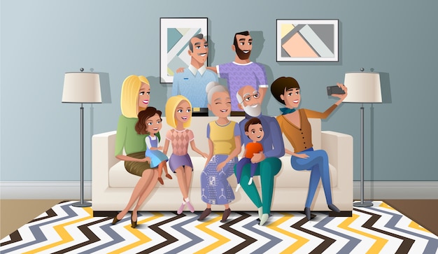 Vector selfie photo with big family cartoon vector