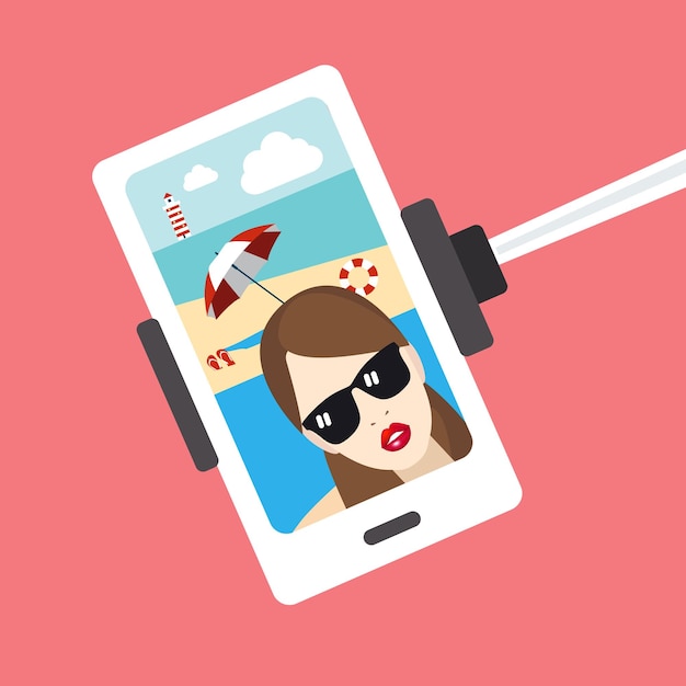 Selfie photo. Woman on the beach. Vector.