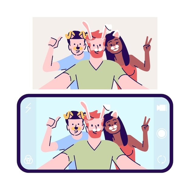 Vector selfie platte vectorillustratie. vrienden nemen geanimeerde zelffoto. foto met dierengezichtsitems. smartphone selfie-app met maskerfilter stripfiguur met overzichtselementen op witte achtergrond