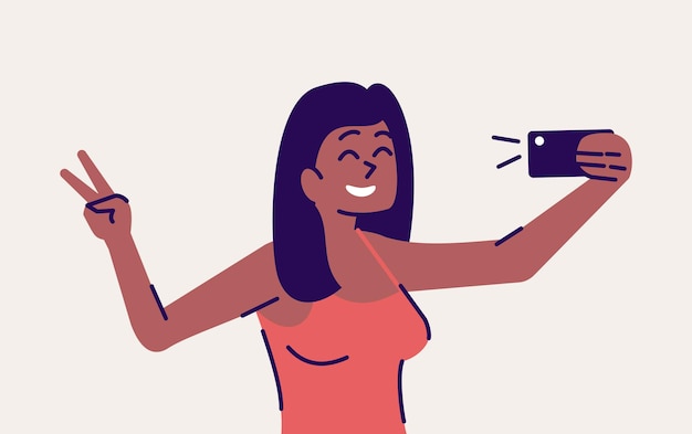 Vettore selfie posa piatta illustrazione vettoriale. donna felice che prende la foto di sé. ragazza sorridente che mostra il v-segno per il ritratto in smartphone. personaggio dei cartoni animati isolato fotografia del telefono cellulare su sfondo grigio