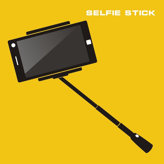 Vector selfie stick with mobile phone flat icon on yellow background