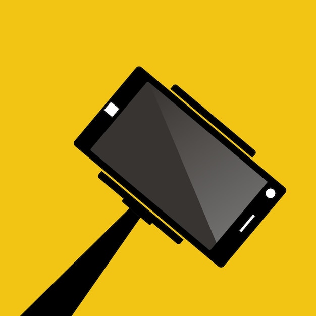 Selfie stick with mobile phone flat icon on yellow background