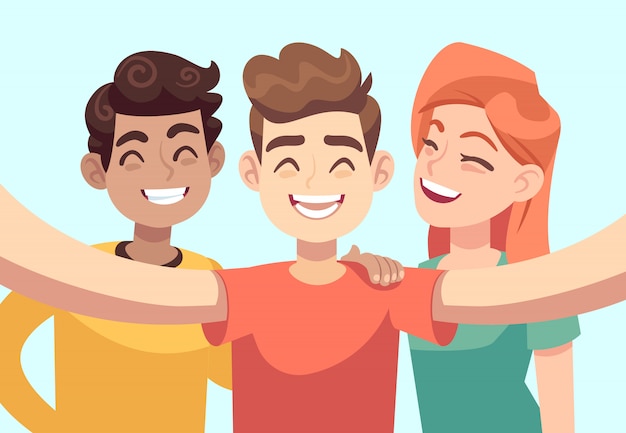 Vector selfie with friends. friendly smiling teenagers taking group photo portrait. happy people  cartoon characters