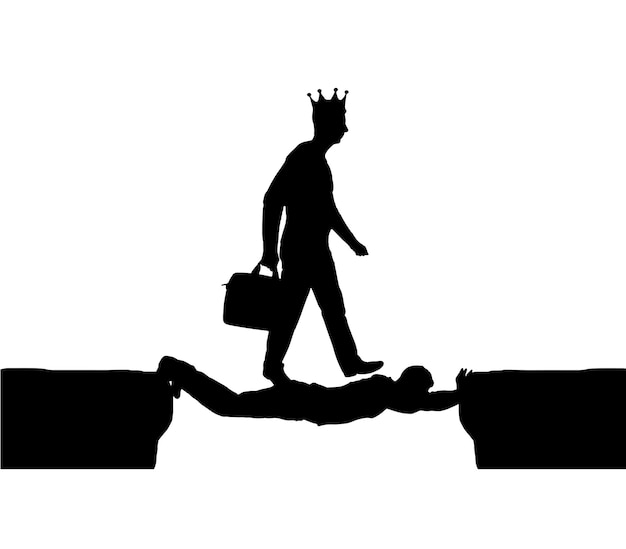 Selfish man with a crown on his head is walking over a man in the form of a bridge over an abyss Vector Silhouette