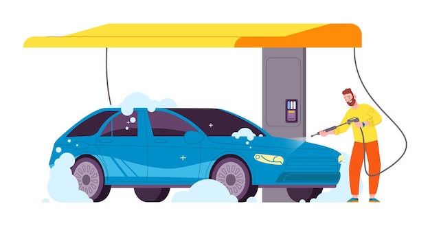 Selfservice carwash City self carwash service jet water reinigingsapparatuur hogedruksysteem voor het wassen van auto transport zorg machine station prachtige vector illustratie