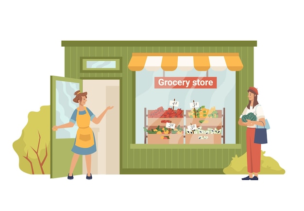 Seller invites buyer to grocery greengrocery store