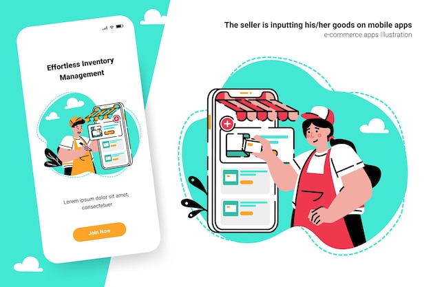 Vector the seller is inputting his goods on mobile ecommerce apps