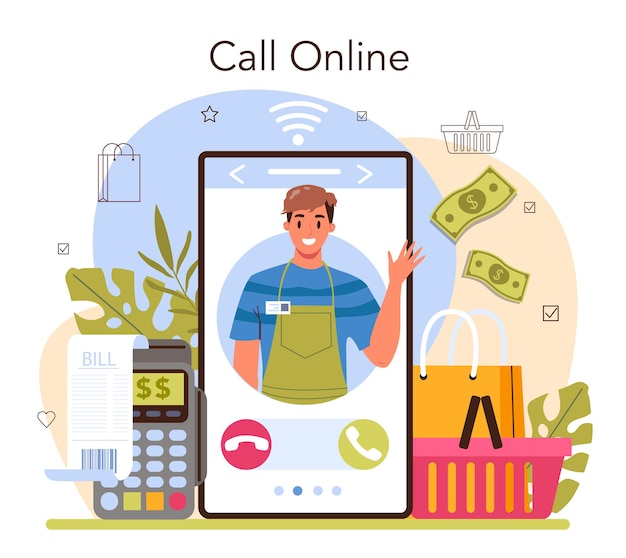 Seller online service or platform. professional worker in the supermarket, shop, store. client service, payment operation. online call. flat vector illustration