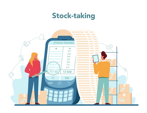 Vector seller stocktacking concept. professional worker in the supermarket, shop, store.