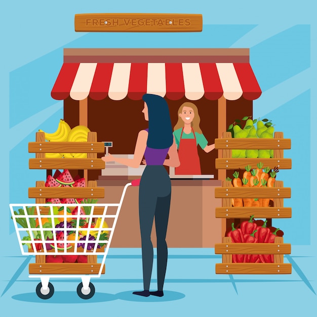 Illustrazione della donna e del cliente del venditore, acquisto e pagamento al dettaglio di commercio di compera di mercato del negozio di negozio