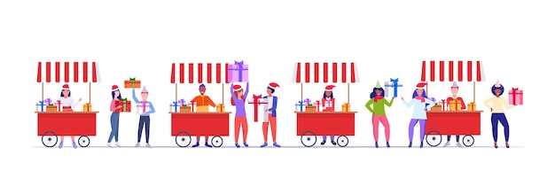 Vector sellers in santa hat selling present boxes mix race people doing shopping and buying presents on christmas market or fair winter holidays